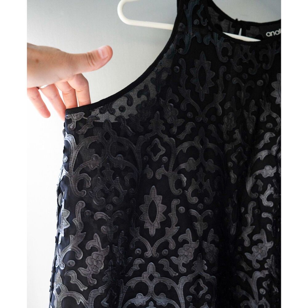 Analili "Leather" Laser Cut Out Detailed Edgy Black Tank Top Blouse L - Picture 8 of 12